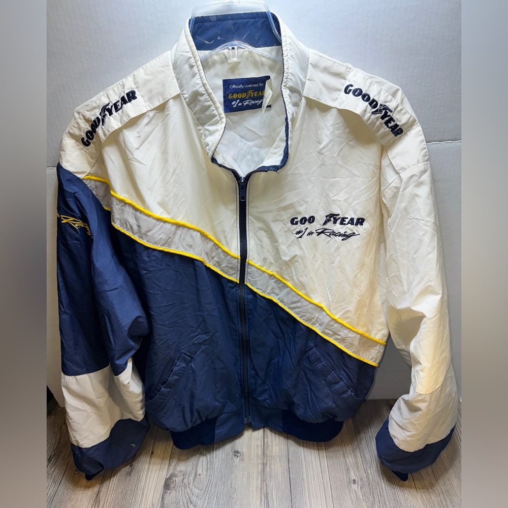 Vintage Officially Licensed Goodyear Racing Blue White Windbreaker Jacket Size L